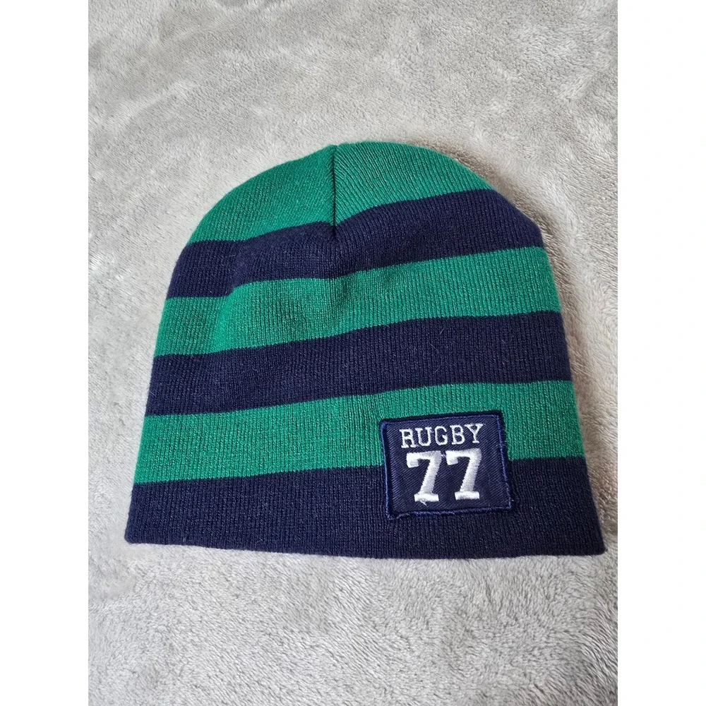 Rugby 77‎ Beanie Hat Cap Youth Kids Striped Green Navy Blue Winter
